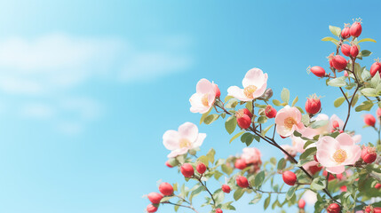Wall Mural - beautiful spring border blooming rose bush on a blue sky background