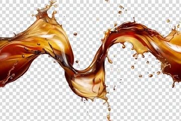 A modern realistic set of liquid waves like falling brown water, whiskey, or beer with drops and swirls isolated on a transparent background.