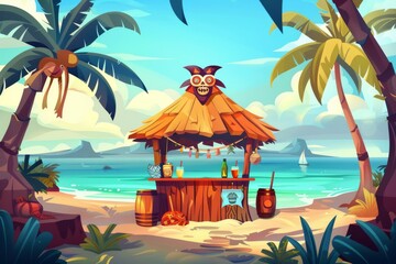 Tropical cartoon landscape with sea, palm trees, tiki bar, drinks, snacks, drinks and snacks on summer beach. Exotic vacation and travel concept, tropical landscape with sea, palm trees, cafe, drinks