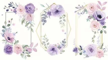 Wall Mural - An elegant lavender pink garden rose anemone, wax flowers and eucalyptus branches leaves, along with a cute golden geometrical pattern, make up this wedding invitation, RSVP, and save the date card