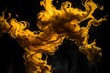 Abstract liquid art, yellow smoke bomb on black background, amber color acrylic paints under water