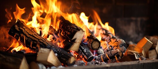 Poster - Close-up of fire burning wood in traditional fireplace.