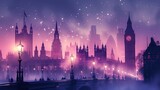 Fototapeta Londyn - An illustrative depiction of foggy Victorian London, featuring silhouette buildings outlined in soft strokes. The foreground highlights Big Ben and St. Paul's Cathedral