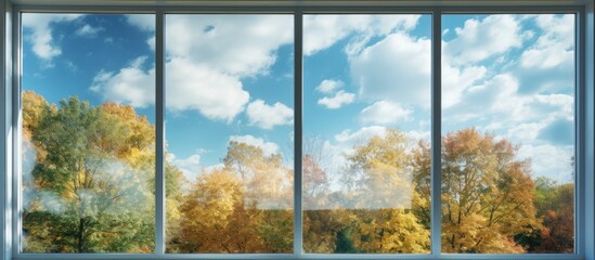 Canvas Print - A picturesque natural landscape unfolds through a glass facade, showcasing towering trees in the foreground against a backdrop of a blue sky dotted with fluffy cumulus clouds