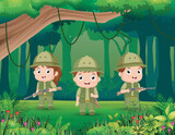 Fototapeta Dinusie - Three Scout boy in uniform exploring the forest