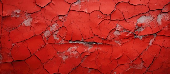 Poster - A closeup photo of a red cracked brick wall with a hole in it, showcasing a unique geological phenomenon resembling a painting in magenta tones