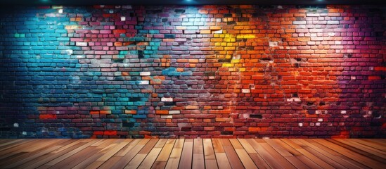 Wall Mural - An empty room with a colorful magenta brick wall and hardwood flooring. The wooden floor contrasts beautifully with the vibrant brick pattern, creating a unique artistic atmosphere