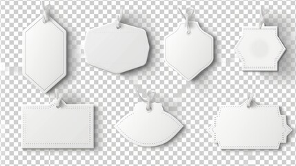 Wall Mural - Fabric tags isolated on transparent background. Modern realistic mockup of blank clothes labels with stitches, cotton badges for textiles, woven fashion stickers.