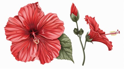 Wall Mural - Floral bud, bloom, stamens and petals of red hibiscus flower. Floral drawing in realistic vintage style with detailed tropical blooms. Drawn modern illustration isolated on white background.