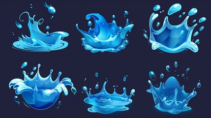 Poster - There is a splash of liquid water, falling drops, waves and swirls on the surface of the ocean or sea, floating in the stream and spilling into a crown shape, in a modern cartoon set of motion