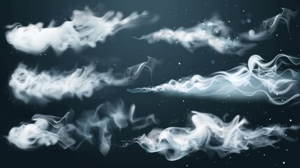 Wall Mural - White smoke and flying snowflakes in the wind. Modern realistic set of frost blowing air, winter blizzard breeze. Flow of frozen fog clouds with snow on transparent background.