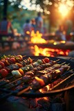 Fototapeta  - Barbecue party with people in the background, grilled steak, grilled meat, fire, summer party, barbecue in the garden,  people having fun, family and friends, Generative AI 