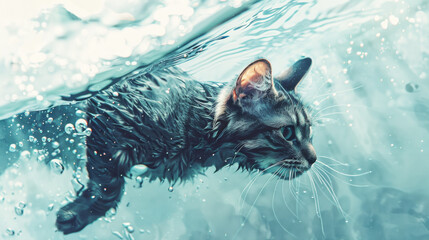 Wall Mural - Adorable cat swimming in water.  Brave pet. Funny wet face of kitten