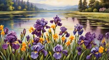 Spring In The Mountains, Vibrant Irises Standing Tall Beside A Serene Pond