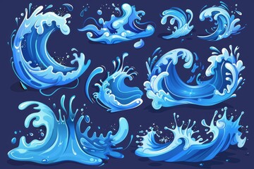 Poster - Sea or ocean waves, waves, swirls, fountain. Modern cartoon set of flowing water streams, tide, falling water, and burst effect with splat isolated on white.