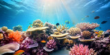 Fototapeta Do akwarium - Underwater with colorful sea life fishes and plant at seabed background, Colorful Coral reef landscape in the deep of ocean.