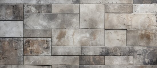 Poster - A detailed closeup of a grey brick wall showcasing a geometric pattern with precise symmetry and parallel lines, highlighting the beauty of composite building material
