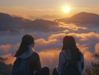 Poster - Two women are sitting on mountain top, looking at sun