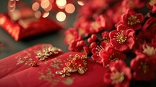 Red Flower Arrangement Is On Table With Red Envelope