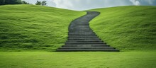 A Staircase Leads To A Lush Green Hill Covered In Grass, Shrubs, And Other Natural Groundcover, Creating A Beautiful And Serene Landscape