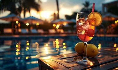 Cocktail on a table, sangria, spritz, alcohol, drinking at the pool, beautiful view, lemon slice, luxury, summer night, bar and restaurant, fresh beverage, swimming pool, Generative AI 