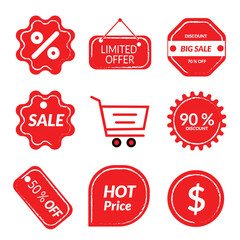 9 Set Badge Vector Image : Discount Limited Offer Icon Vector, Best Seller Icon, Discount Icon, Shopping Cart, Hot Price Icon