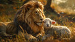 Idyllic scene of a lion and lamb together in a utopian world representing harmony and justice