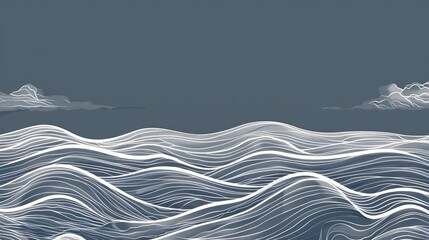 Wall Mural - A white and grey hand drawn line pattern on an abstract landscape background. Ocean sea art with natural templates. Banner and wallpaper design in the style of the 1920s.