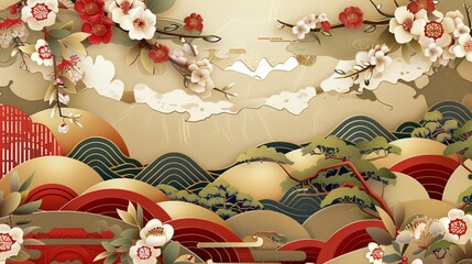 Wall Mural - Ribbon pattern modern in Japanese style with cherry blossom, bamboo, wave elements. Great for card, poster, template, cover page designs.