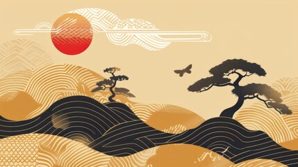 Wall Mural - Dragonfly, bonsai, and cloud icon on gold geometric background. Fly, wave, and tree in the oriental style.