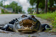 An alligator is sitting in a manhole on the side of the road. Generative AI.