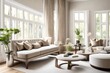 an inviting sitting area with a neutral color scheme, large windows, and plush seating, achieving a balance between elegance, comfort, and natural light.