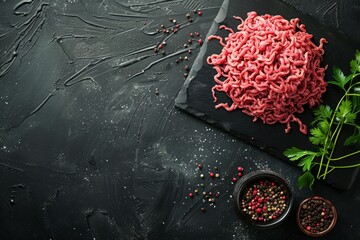 Canvas Print - A black board topped with fresh raw minced beef, vegetables, and herbs, arranged neatly for display