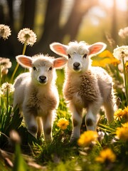 two lambs engage in a playful dance among dandelions and assorted spring flowers