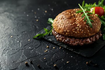 Wall Mural - A commercial food photo featuring a grilled homemade burger with beef, topped with fresh lettuce, tomato slices, and sesame seeds on a black textured background