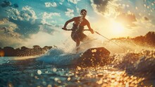 Male player Wakeboard , extreme sport , wide angle lense , full body view. AI Generated.