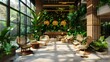 Sustainable Hotel Lobby with Indoor Plants, Bamboo Furniture, and Tropical Greenery