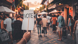 Fototapeta  - Person holding a VOTE sign in a busy street market with people walking bustling atmosphere and tents in background
