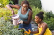 © Wavebreak Media - A young African American woman and a child are tending to a garden at home
