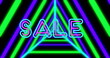 Image of sale text over shapes on black background