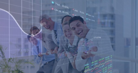 Poster - Image of data processing over diverse business people pulling line