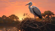 A beautiful oil painting of a stork in its nest during