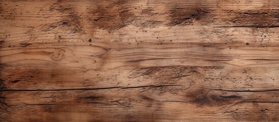 Poster - A closeup of a rectangular hardwood table in a rich brown wood stain, showcasing the natural material and intricate wood grain pattern, with a blurred background of a bedrock outcrop flooring
