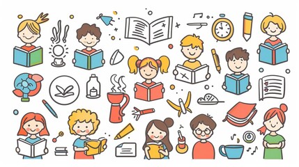 Wall Mural - Concept illustration for education. Cute students studying and doing self-development. Simple outline design with outline.