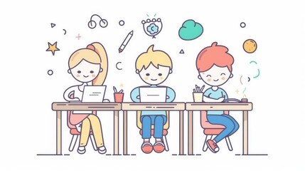 Poster - A cute child sitting at a desk studying. A flat design with minimal modern illustration in a flat style