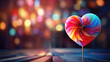 Colorful single heart shaped lollipops on a stick with blurred glowing circle bokeh wide background created with Generative AI Technology