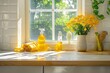 Plastic bottles of spray detergent, colorful rags and bouquet of spring flowers on a countertop in bright minimalist kitchen. Regular cleaning and keeping the kitchen clean. Home hygiene concept.