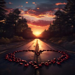 Sunset in the mountains road travel transport backgroun of hearts on road landscape illustration design Generative Ai.