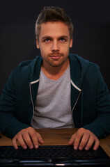 Aufkleber - Man, keyboard for coding and programmer typing, information technology with video game or software development. Internet, computer programming and face with gamer or developer for cyber security