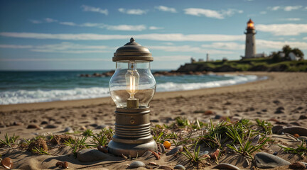 Poster - Lamp light on the background of the lighthouse and the sea